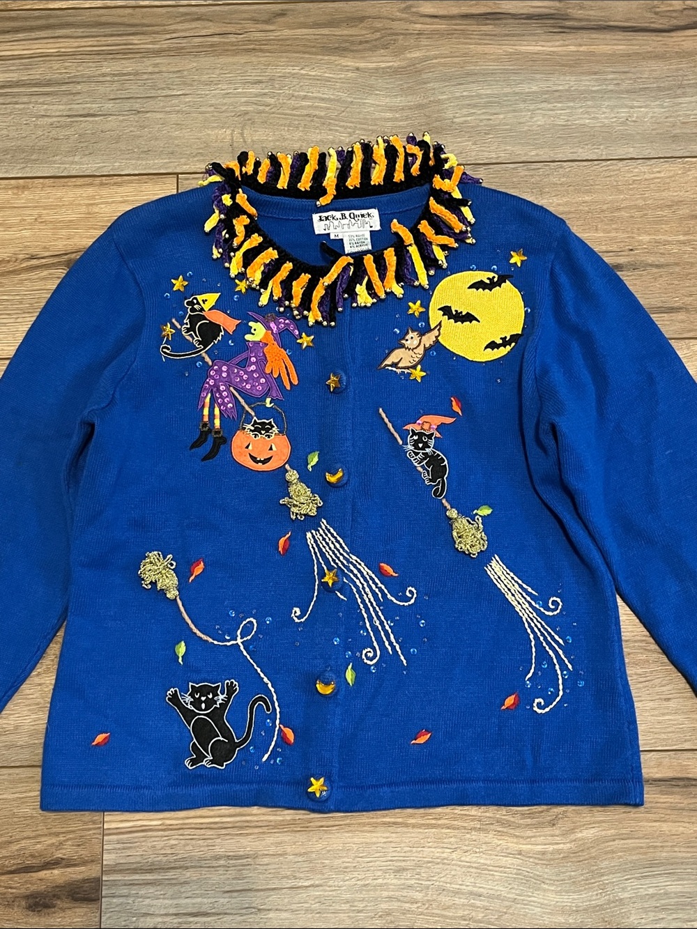 Jack B. Quick Halloween Witch Cat Pumpkin Cardigan Sweater Blue Size M Vintage - Picture 2 of 13